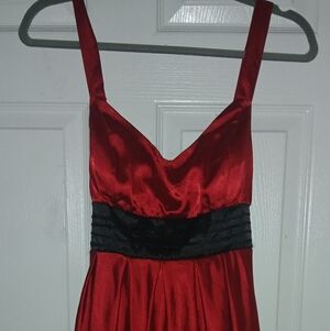 Red Satin Midi Dress with Black Waistband